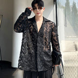 Sexy Men Shirts Black Feather Hollowed Out Sequin Lapel Long Sleeve Streetwear Transparent Button Men Clothing Fashion Camisas