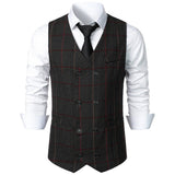 Ilooove Men Business Waistcoat Sleeveless Pockets Single Breasted Slim Fit Suit Vest Coat Plaid Print Work Waistcoat