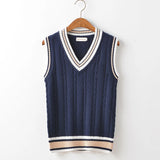 Ilooove Sweater Vest Men Thicken V-neck Sleeveless Knitted Sweaters Vests Striped Retro Preppy-style Simple Chic Loose Casual All-match