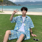 Summer Men's Hawaiian Beach Sets Single Breasted Graffiti Printed Short Sleeve Shirt and Shorts Casual Vacation Travel Outfit