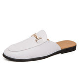 Ilooove Fashion Men's slip-on half Slippers High Quality Leather men shoes classic Mules Non-slip half shoes Summer white Moccasins