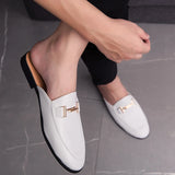 Ilooove Fashion Men's slip-on half Slippers High Quality Leather men shoes classic Mules Non-slip half shoes Summer white Moccasins