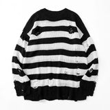 Ilooove Striped Sweaters Punk Unisex Sweater Autumn Hollow Out Hole Broken Jumper Loose Oversized Pullouvers Harajuku Streetwear