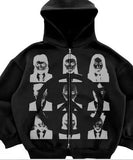 Ilooove American Retro Hooded Sweater for Men and Women Couple Models Skull Lazy Wind Print Hooded Long-sleeved Zipper Hooded Sweater