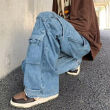 Multi-Pocket Washed Cargo Pants Men Y2K New Retro High Street Fashion High Waist Jeans Couple Harajuku Casual Wide Leg Pants Men