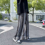 2023 Summer New Unisex Tie Dye Striped Casual Pants Ice Silk Elastic Waist Pants Streetwear Cool Wide Leg Trousers for Womem Men