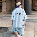 Summer 2pcs Men's Set Matching Shorts T-shirts Hand-painted Clothing O-Neck Short Sleeve Oversize Streetwear Creative Graffiti