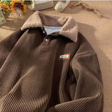 Ilooove Men's Corduroy Polo Shirt Sweater Women's Autumn Winter Fleece Thick Coat Turndown Collar Buttons Long Sleeves Warm Tops