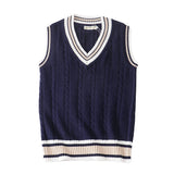 Ilooove Sweater Vest Men Thicken V-neck Sleeveless Knitted Sweaters Vests Striped Retro Preppy-style Simple Chic Loose Casual All-match