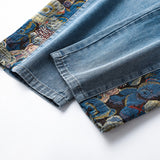 2023 New Men's Jeans Baggy Bear Printed Wide Leg Pants Men's Hip Hop Street Loose Denim Pants Elastic Waist Lace Up Casual Pants