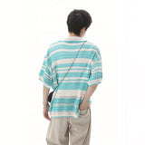 American Retro Polo Shirt Men's Hollow Design Striped Sweater Fashion Short Sleeve T Shirt LGBT Neutral See Through Top Pullover