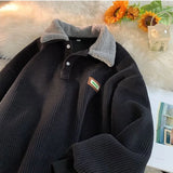 Ilooove Men's Corduroy Polo Shirt Sweater Women's Autumn Winter Fleece Thick Coat Turndown Collar Buttons Long Sleeves Warm Tops