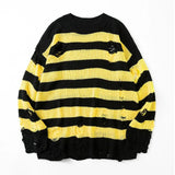 Ilooove Black Stripe Sweaters Destroyed Ripped Sweater Men Pullover Hole Knit Jumpers Men Oversized Sweatshirt Harajuku Long Sleeve Tops