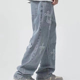 Men's High Street Jeans Loose Jeans Long Pants Hip Hop Men's Hong Kong Style Embroidered Loose Wide Leg Pants Boyfriend Jeans