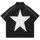 Ilooove Star Splicing Shirts Oversized Harajuku Streetwear Hip Hop Shirts Men Fashion Casual Loose Zip Up Blouse Y2K Red Black Summer