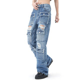 Multi-pockets Hole Ripped Baggy Jeans for Men Y2K Straight Distressed Casual Streetwear Cargos Unisex Denim Trousers