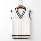 Ilooove Sweater Vest Men Thicken V-neck Sleeveless Knitted Sweaters Vests Striped Retro Preppy-style Simple Chic Loose Casual All-match