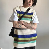 Japanese Retro Contrast Color Hollow Knitted Vest Men Summer Thin Section Loose Casual Harajuku Pullover Men Ins Striped Vest