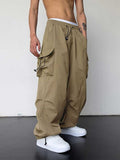 Loose Fit Cargo Pants for Men Solid Streetwear Tooling Trousers Mid-waist Drawstring Beam Feet Parachute Pants