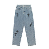 Y2k Streetwear Pants Men Jeans High Street Baggy New In Pants Crosses Pattern Loose Straight Male Fashion Wide Leg Trousers New