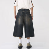 Ilooove Korean Style Vintage Men's Jeans Summer Loose Male Wide Leg Knee Length Shorts 2023 New Washed Fashion Denim Trouser 9A8825