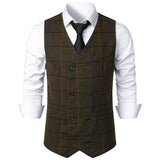 Ilooove Men Business Waistcoat Sleeveless Pockets Single Breasted Slim Fit Suit Vest Coat Plaid Print Work Waistcoat