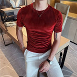 2023 Spring Summer Korean Version Men's Trend Slimming Short Sleeve Round Neck Solid Color Striped Printed Fashion Youth T-shirt