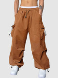 Loose Fit Cargo Pants for Men Solid Streetwear Tooling Trousers Mid-waist Drawstring Beam Feet Parachute Pants