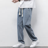 Autumn Winter Men's Jeans Cotton Soft Drawstring Straight Pants Elastic Waist Vintage Korea Casual Trousers Male