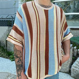 Casual Breathable Hollow Out Knit T-shirts Men Summer Fashion Short Sleeve O-Neck Jumper Top Mens Vintage Stripe Knitted T Shirt