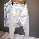 New White Jeans Men All-match Fashion Ripped Hole Slim Stretch Harem Pants Comfortable Male Streetwear Denim Trousers