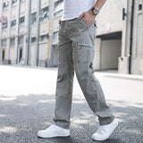 Big Size Men&#39;s Cargo Trousers Straight Leg Work Pant Men Loose Fit Cotton Summer Wide Overalls Male Side Multi Pocket large size