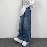 Ilooove Autumn Harajuku Fashion retro High Street hiphop Pants Straight Wide Leg Pants Women Casual Loose Big Pockets Cargo Jeans