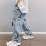 Y2k Streetwear Pants Men Jeans High Street Baggy New In Pants Crosses Pattern Loose Straight Male Fashion Wide Leg Trousers New