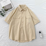 Short Sleeve Shirts Men Solid Candy Colors Loose Summer Couple Turn-down Collar Simple Pockets Fashion Harajuku Chemise Homme
