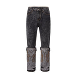 Feet Detachable Embroidery Washed Kanye Jeans Pants Men's Straight Retro Streetwear Baggy Casual Denim Trousers Oversized