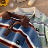 Ilooove Japan Men's Y2K Knitted Warm Polo Knit Striped Turtleneck Sweater Shirts Winter Streetwear Knitwear Korean Clothes Jumper Men