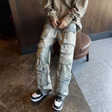 Harajuku Muti-pockets Cargo Jeans Men's Washed Patchwork Straight Casual Trousers Couple Streetwear Loose Fashion Pants