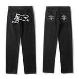 Dog Print Straight Loose Jeans Mens Retro High Street Oversize Casual Denim Trousers Harajuku Washed Hip Hop Jean Pants