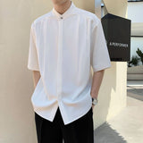 New Arrival Stand Collar Shirt Men Short Sleeve Hidden Buckle Loose Casual Solid Color All-match Simple White Shirts for Men