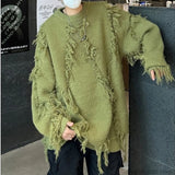 Ilooove Ripped Tassel Sweater Men Women Streetwear Pullovers Men's Sweater Harajuku Fashion Hip Hop Fringed Knitted Round Neck Sweaters