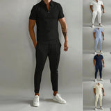 Casual Men's Two Piece Suits 2023 Spring Summer Short Sleeve Lapel Zipper Tops And Pants Set Men Fashion Solid Color Tracksuits