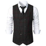 Ilooove Men Business Waistcoat Sleeveless Pockets Single Breasted Slim Fit Suit Vest Coat Plaid Print Work Waistcoat