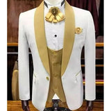 Ilooove White and Gold Wedding Tuxedo for Groomsmen with Shawl Lapel Smoking Men Suits 3 Piece Male Fashion Set Jacket Vest with Pants