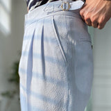 Spring Seersucker High Waist Straight Pants British Petty Bourgeoisie Blue Stripe Italian Casual Trousers Men Pantalones Hombre