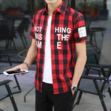 Half Sleeve Man Tops Red Plaid Shirts and Blouses for Men Silk S Cotton Cheap Brand Hipster Korean Style Designer Asia Clothing