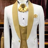 Ilooove White and Gold Wedding Tuxedo for Groomsmen with Shawl Lapel Smoking Men Suits 3 Piece Male Fashion Set Jacket Vest with Pants