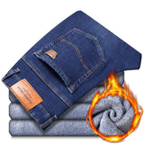 Classic Style Winter Men's Fleece Warm Straight Jeans Business Fashion Cotton Denim Stretch Pants Thick Trousers Male Black Blue