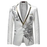 White Floral Sequin Embroidery Suit Jacket Men Wedding Groom Tuxedo Suit Blazers Mens One Button Peak Lapel Stage Costume Homme