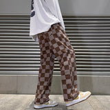 Spring New Men's Brown Check Print Baggy Jeans Korean Fashion Streetwear Denim Straight Pants Male Brand Trousers